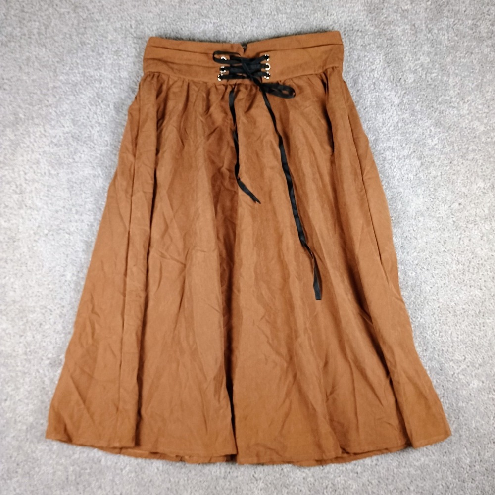 SHEIN Y2K Cottagecore Western Boho Faux Suede Lace Up Midi Skirt Brown L